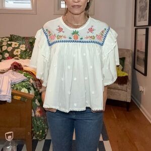 FARM Rio Floral Embroidered Blouse - White and Blue